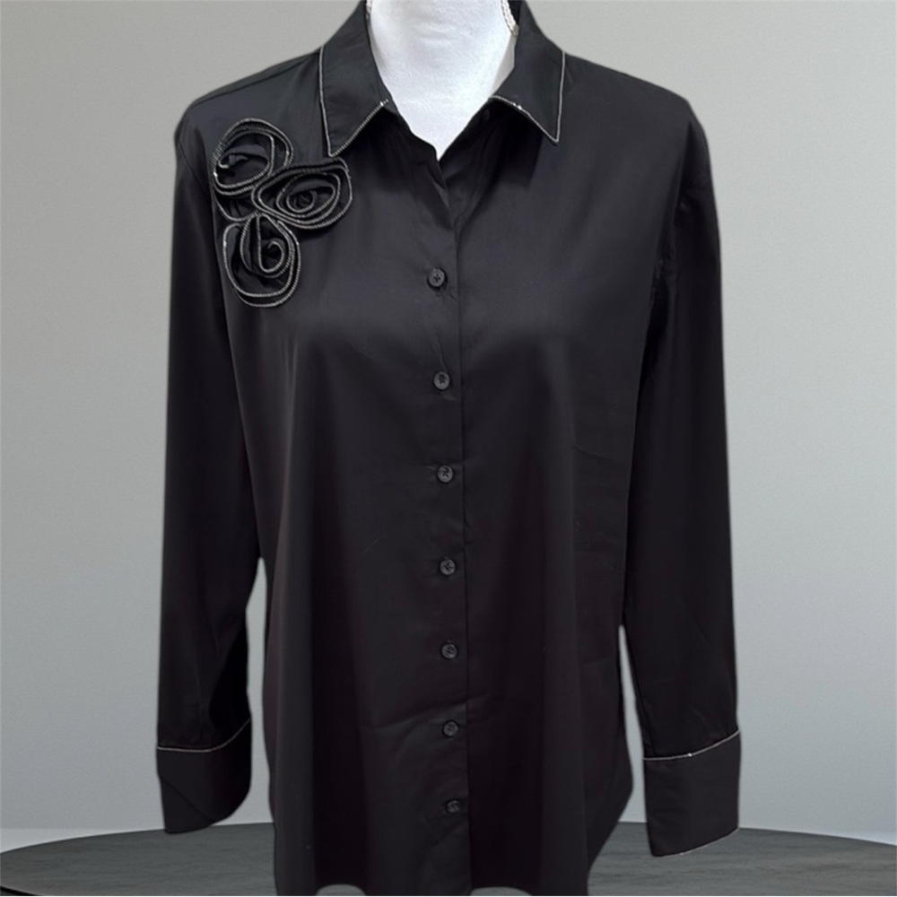 Chico’s Black Button Down Shirt with Rose Accents-Chico’s size 2.5(14)